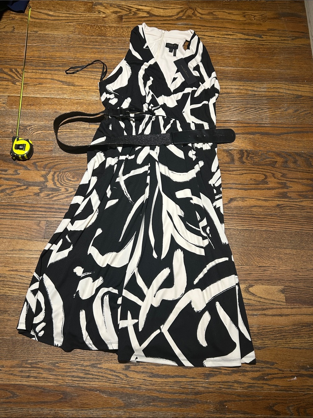 Donna Karan Black & White Abstract Wrap Midi Dress